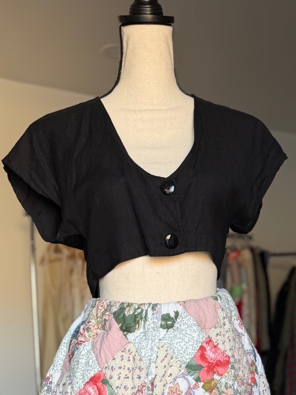 Vintage Linen Crop Top Button Front Black